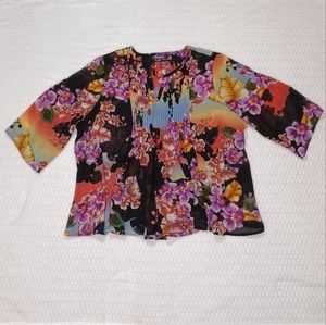 Roaman's Black and Floral Sheer Blouse